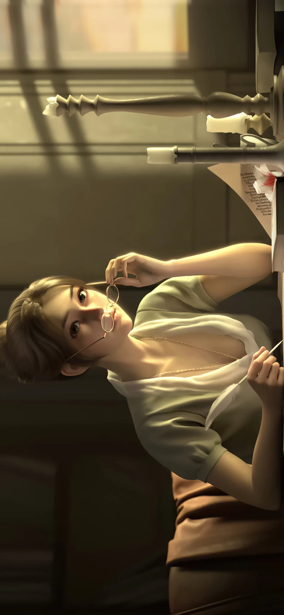 知性优雅女性插画，执笔凝思的文艺少女